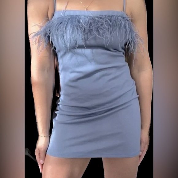 Wild fable Women's Dress Bodycon Sleeveless Feather Trim slate Blue SZ L - Picture 4 of 13